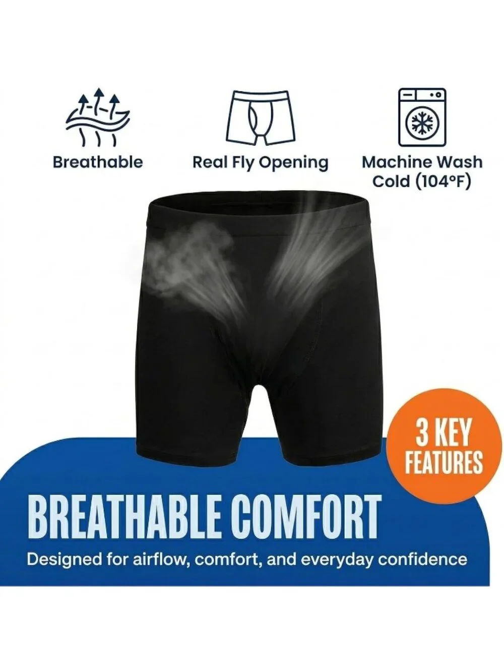 Men's Reusable Incontinence Boxer Briefs, Leak Proof Protection, Black, XL, 1pc